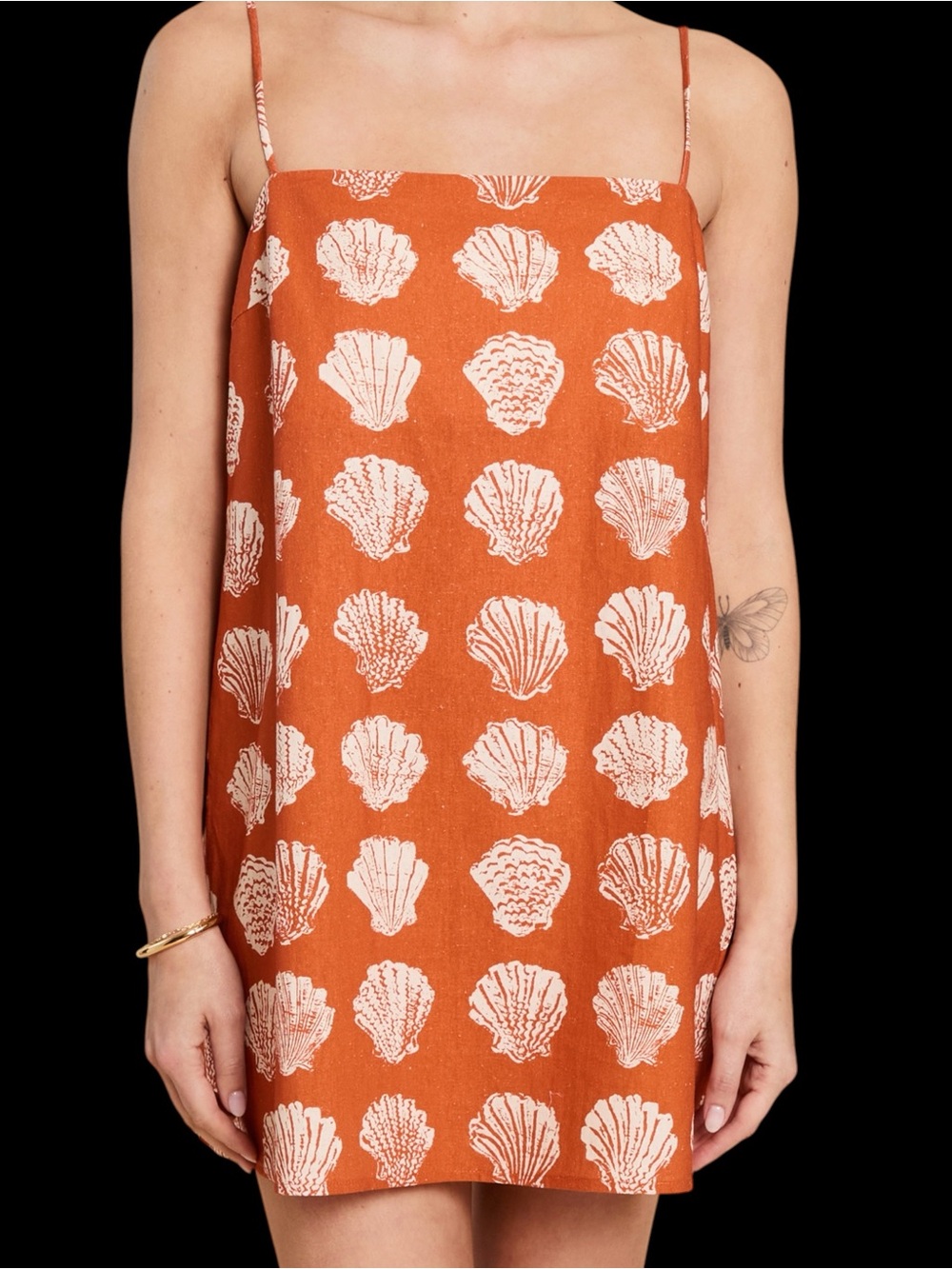 Kourt Few Moda Rosalie Linen Dress Shell Print Orange Rust Sanibel Sunset Beach